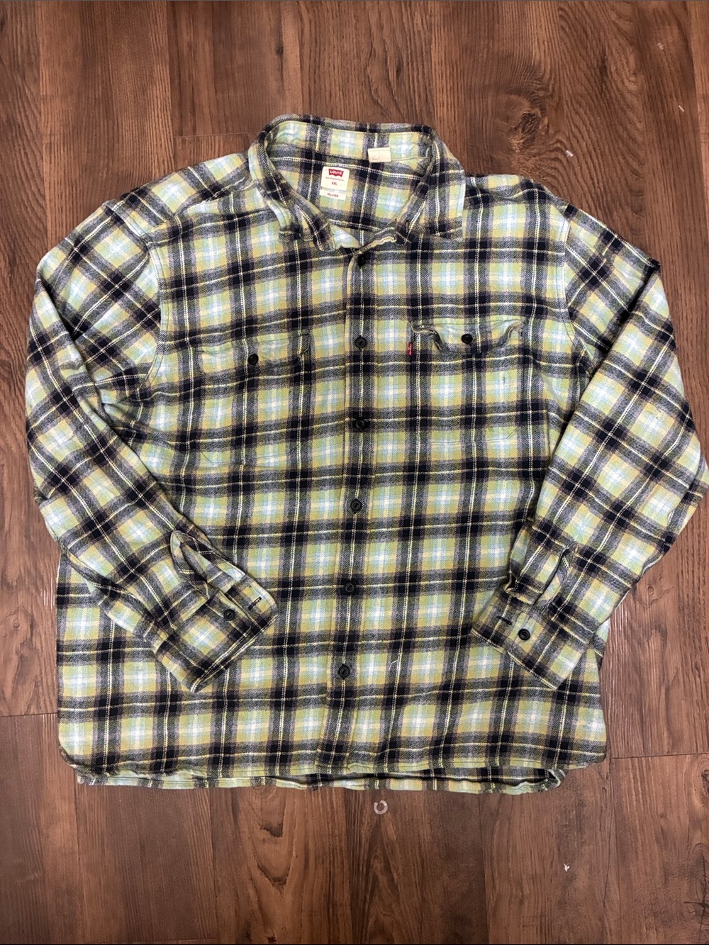 Levi's Yellow Green & Black Plaid Button-Down Shirt Thick Cotton